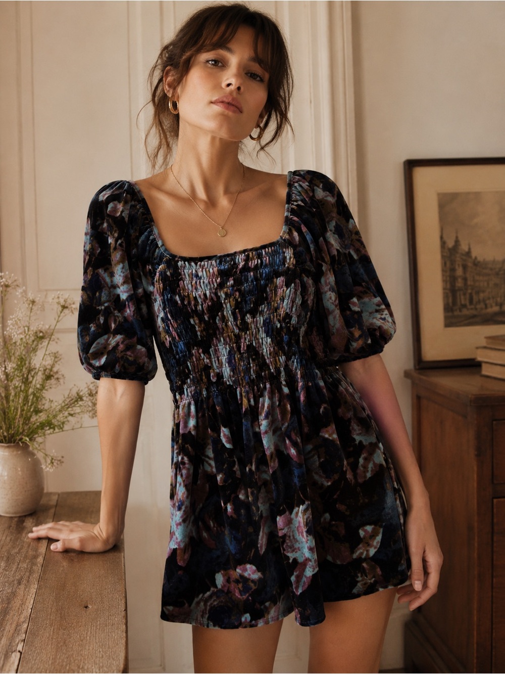 Anthropologie Black Velvet Smocked Mini Dress with Floral Print